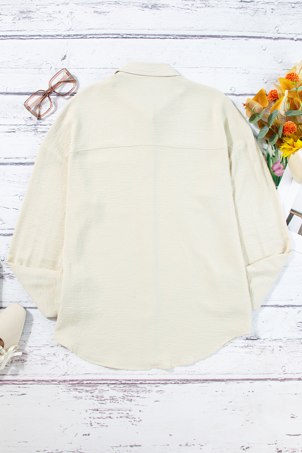 Beige Pure Color Patch Pocket Blouse
