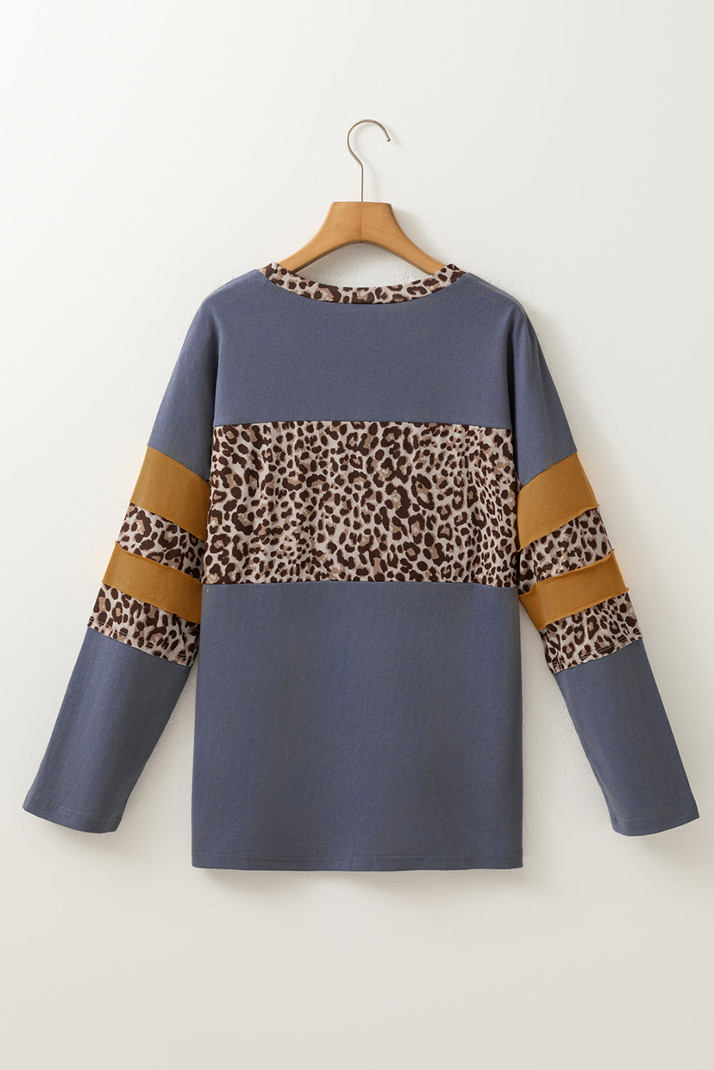 Dark Blue Leopard Colorblock Patchwork Long Sleeve Drop Shoulder Top