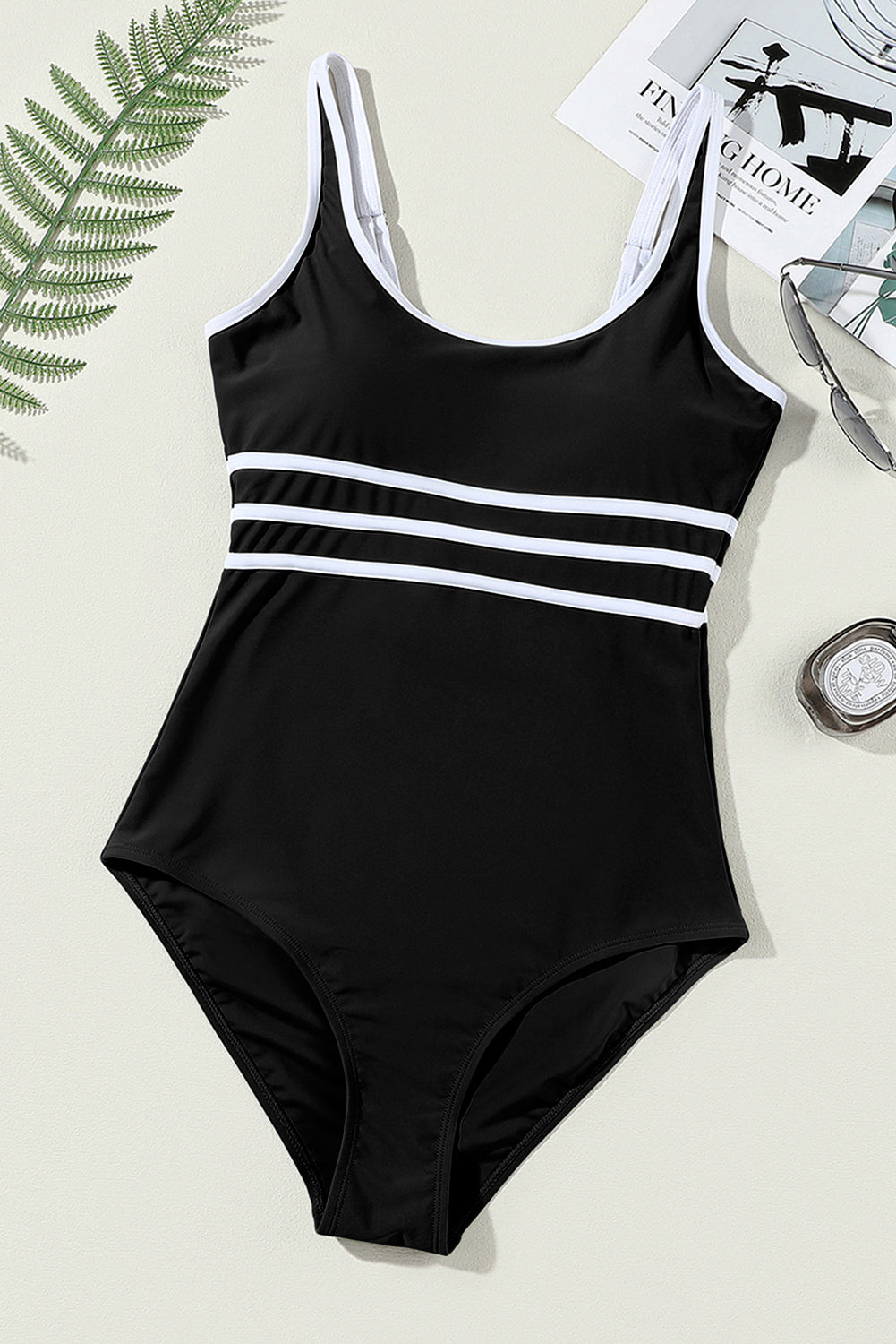 Black Contrast Trim Colorblock One Piece Swimwuit