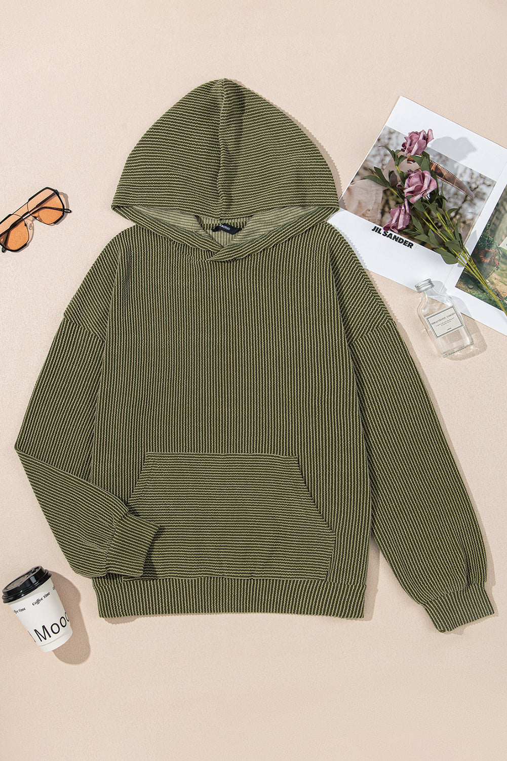 Jungle Green Twisted Rib Texture Solid Hoodie