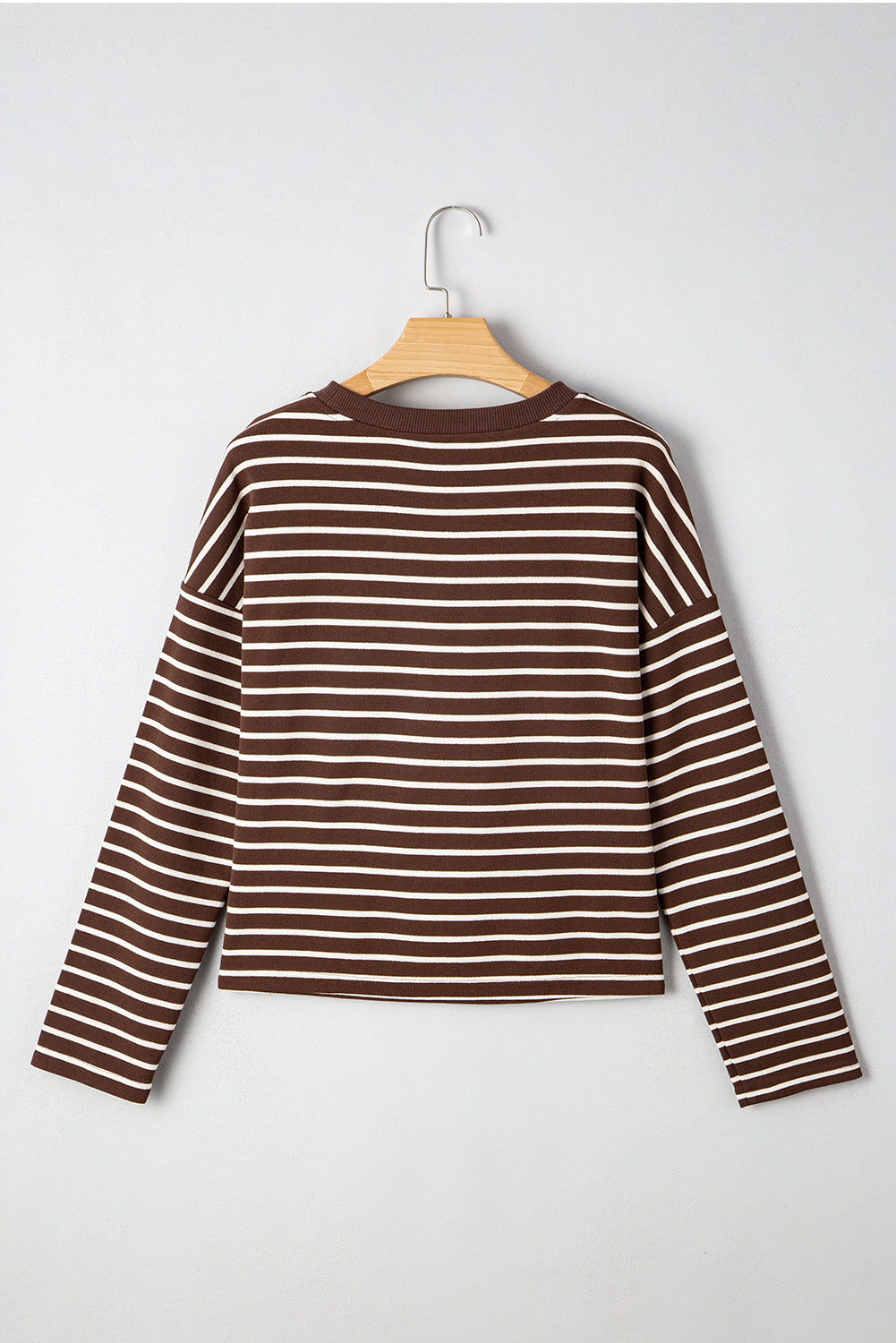 Brown Stripe Ribbed Cropped Crew Neck Long Sleeve T Shirt