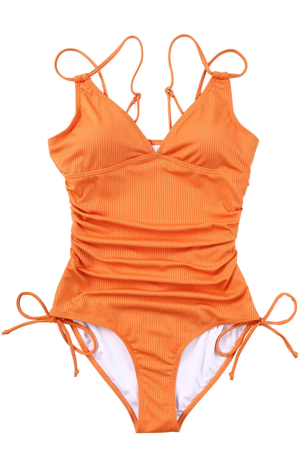 Orange Ribbed Knit One Piece Swimsuit with Adjustable Straps
