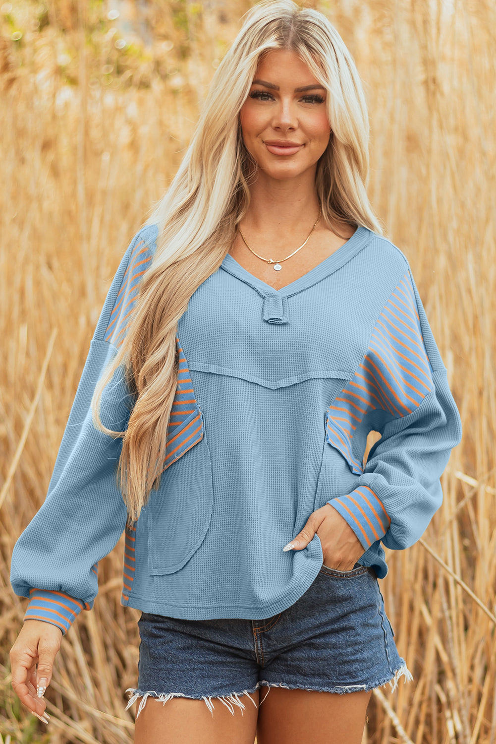 Dusk Blue Exposed Seam Waffle Striped Patchwork Baggy Pullover