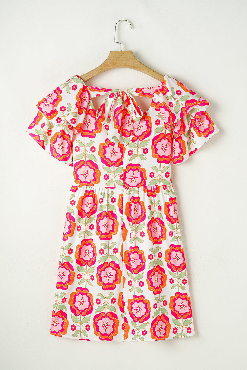 Rose Floral Print Square Neck Lace up Back Ruffled Sleeve Dress