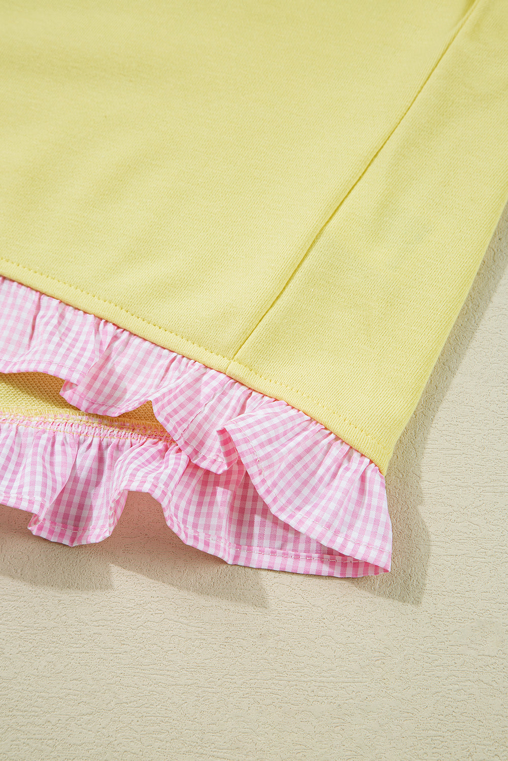 Yellow Contrast Plaid Ruffle Patchwork Pullover Top and Shorts Plus Size Set