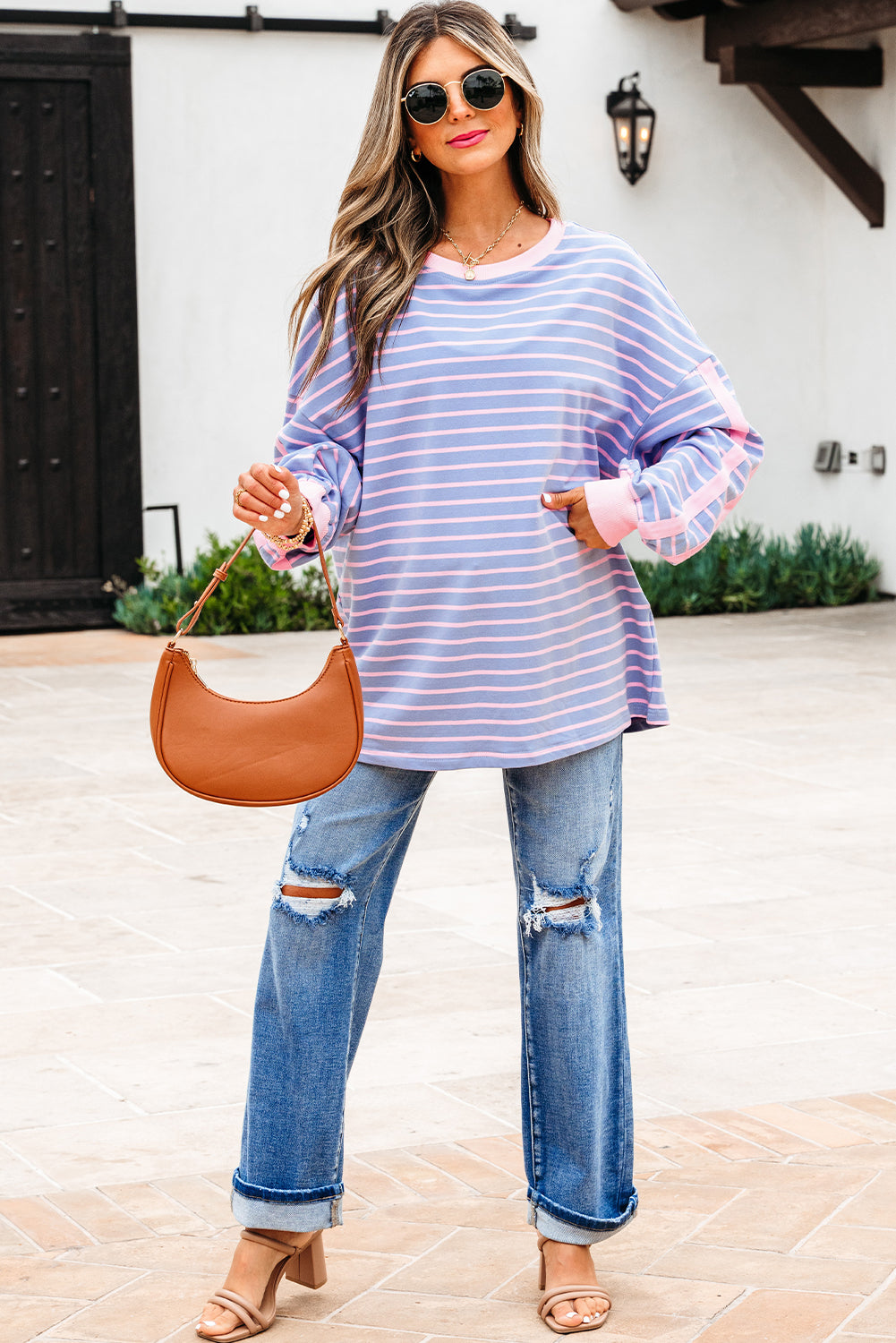 Sky Blue Stripe Oversize Contrast Trim Drop Shoulder Casual Top