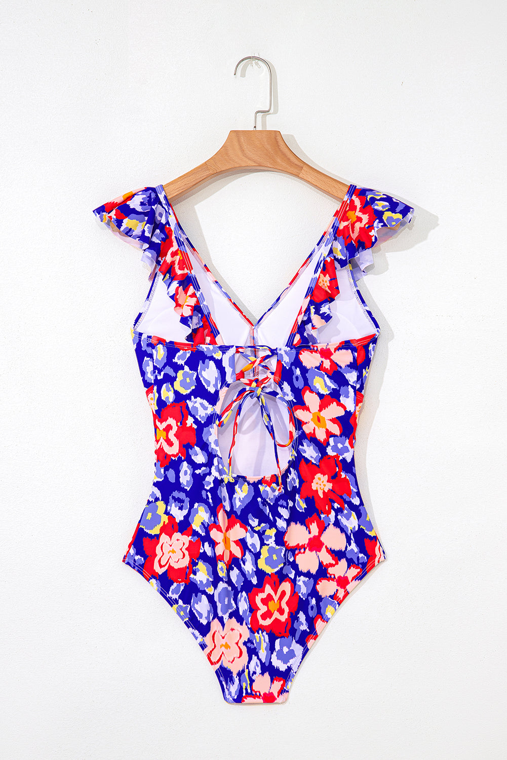 Blue Floral Ruffle Trim Tummy Control One Piece Swimsuit