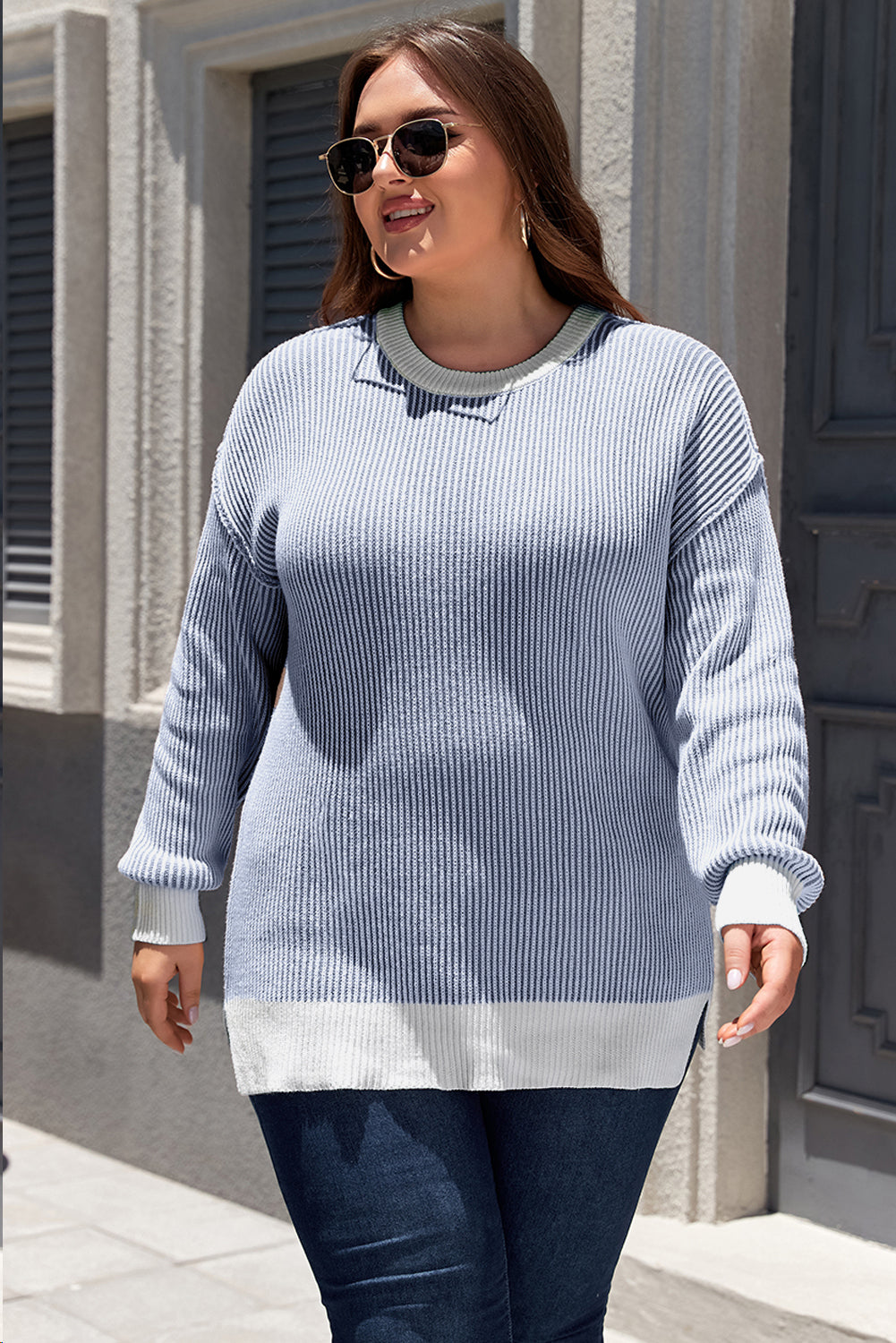 Blue Stripe Plus Size Contrast Trim Crew Neck Rib Knit Drop Shoulder Sweater
