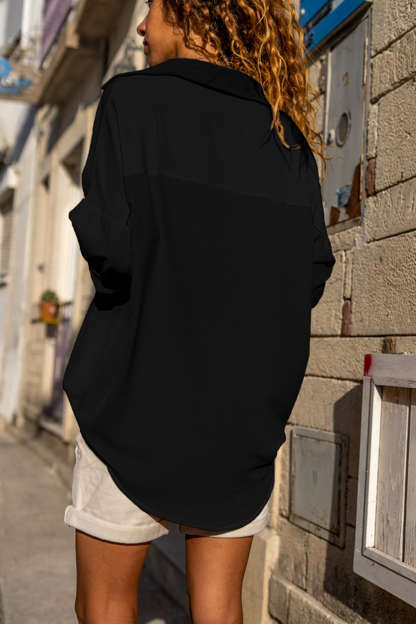 Black Pure Color Patch Pocket Blouse