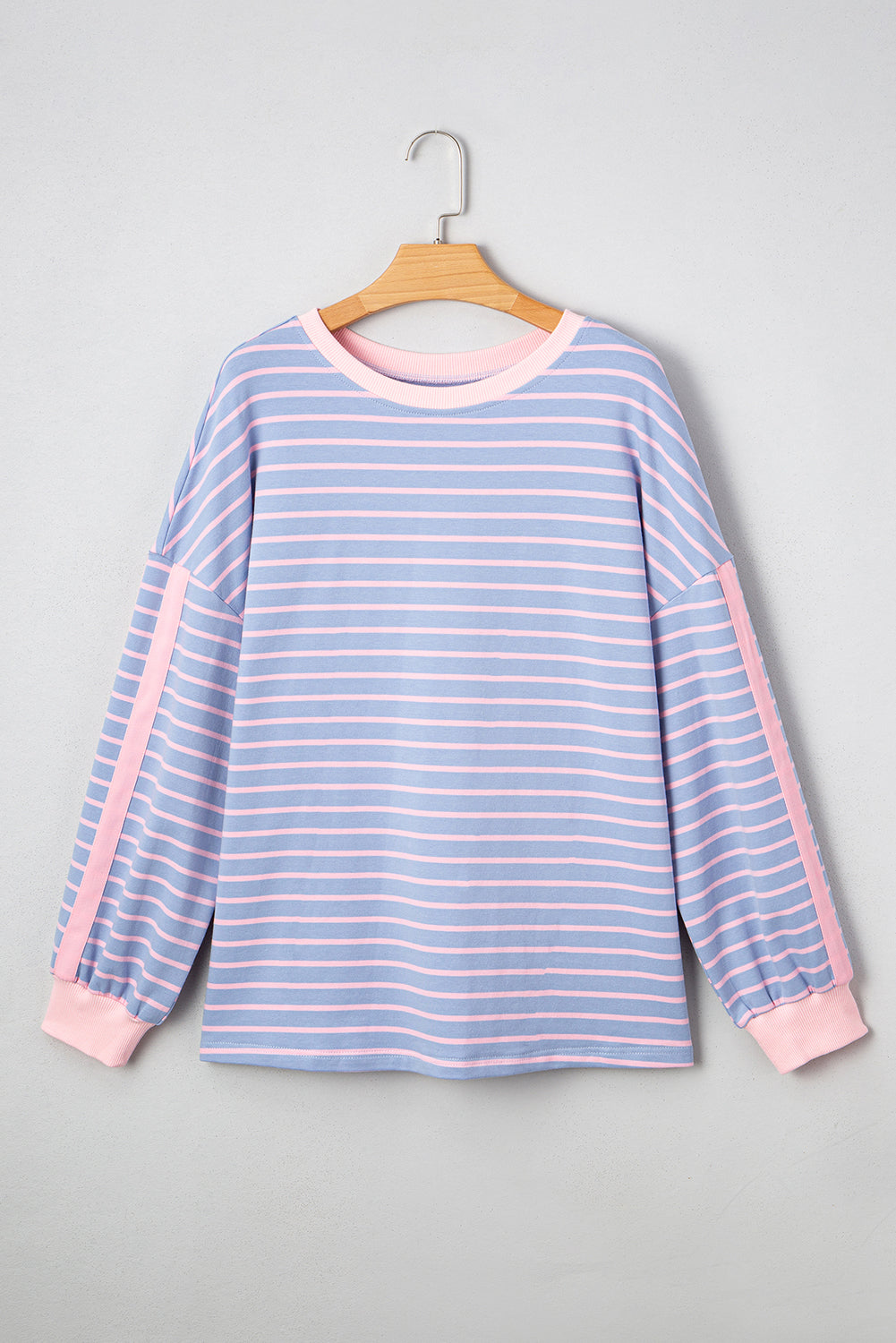 Sky Blue Stripe Oversize Contrast Trim Drop Shoulder Casual Top