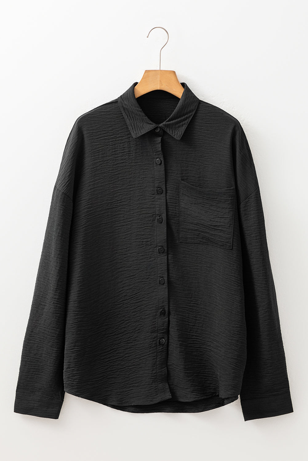 Black Pure Color Patch Pocket Blouse