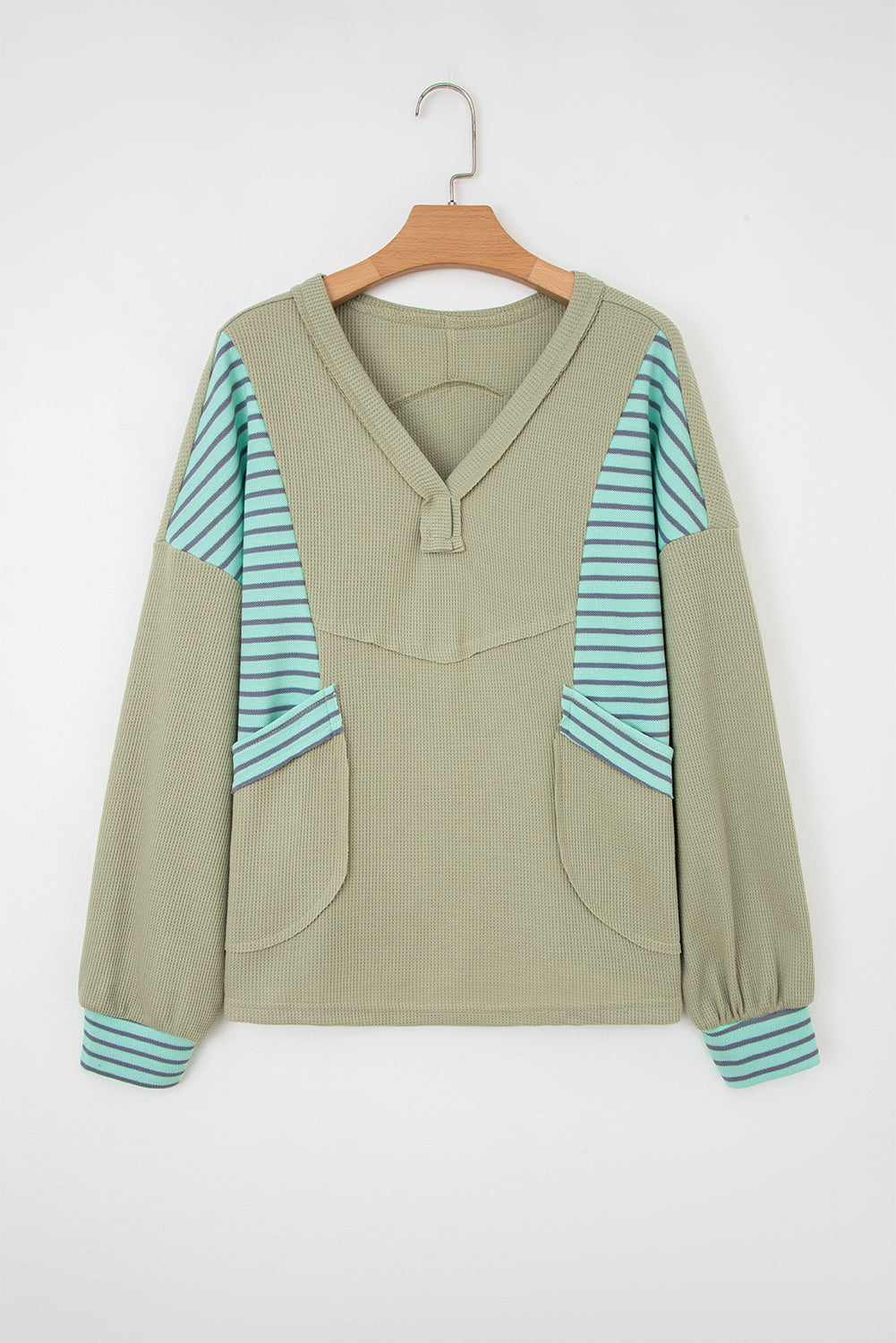Meadow Mist Green Exposed Seam Waffle Striped Patchwork Baggy Pullover