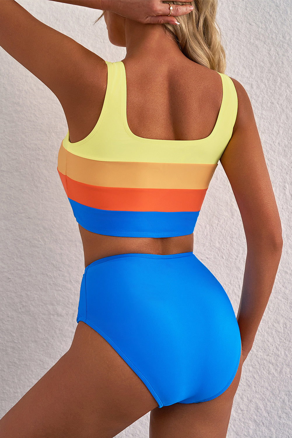 Blue Colorblock Square Neck High Waisted Bikini