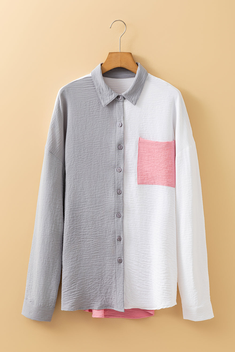 Gray Color Block/Pure Color Patch Pocket Blouse