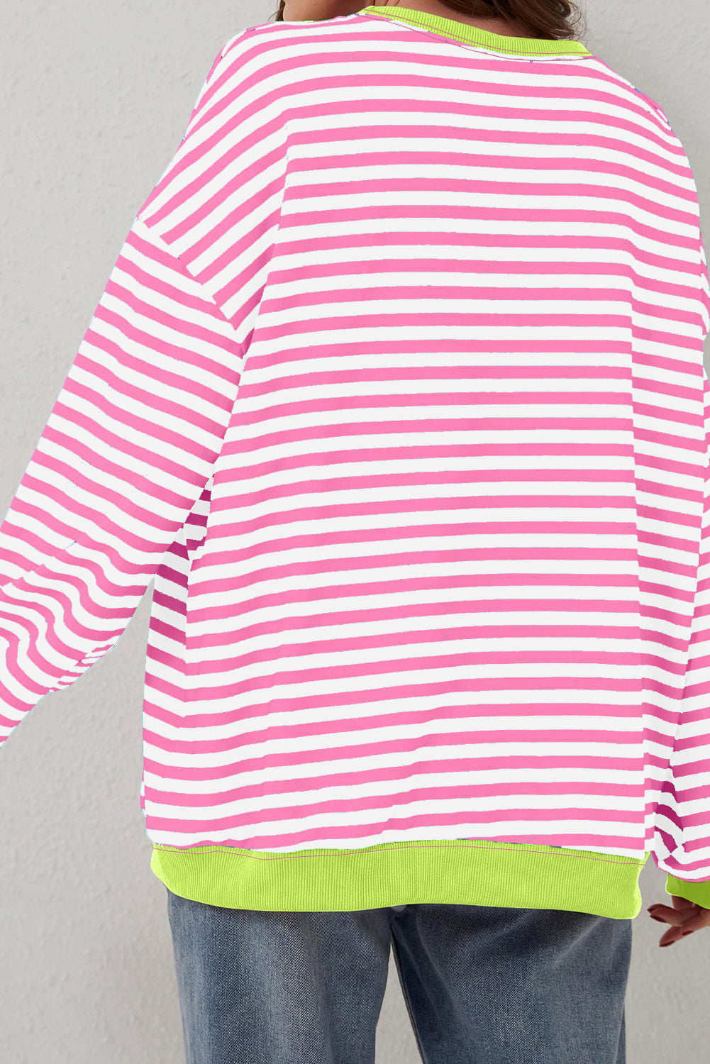 Rose Red Striped Contrast Ribbed Trim Crossed Stitch Drop Shoulder Sweatshirt
