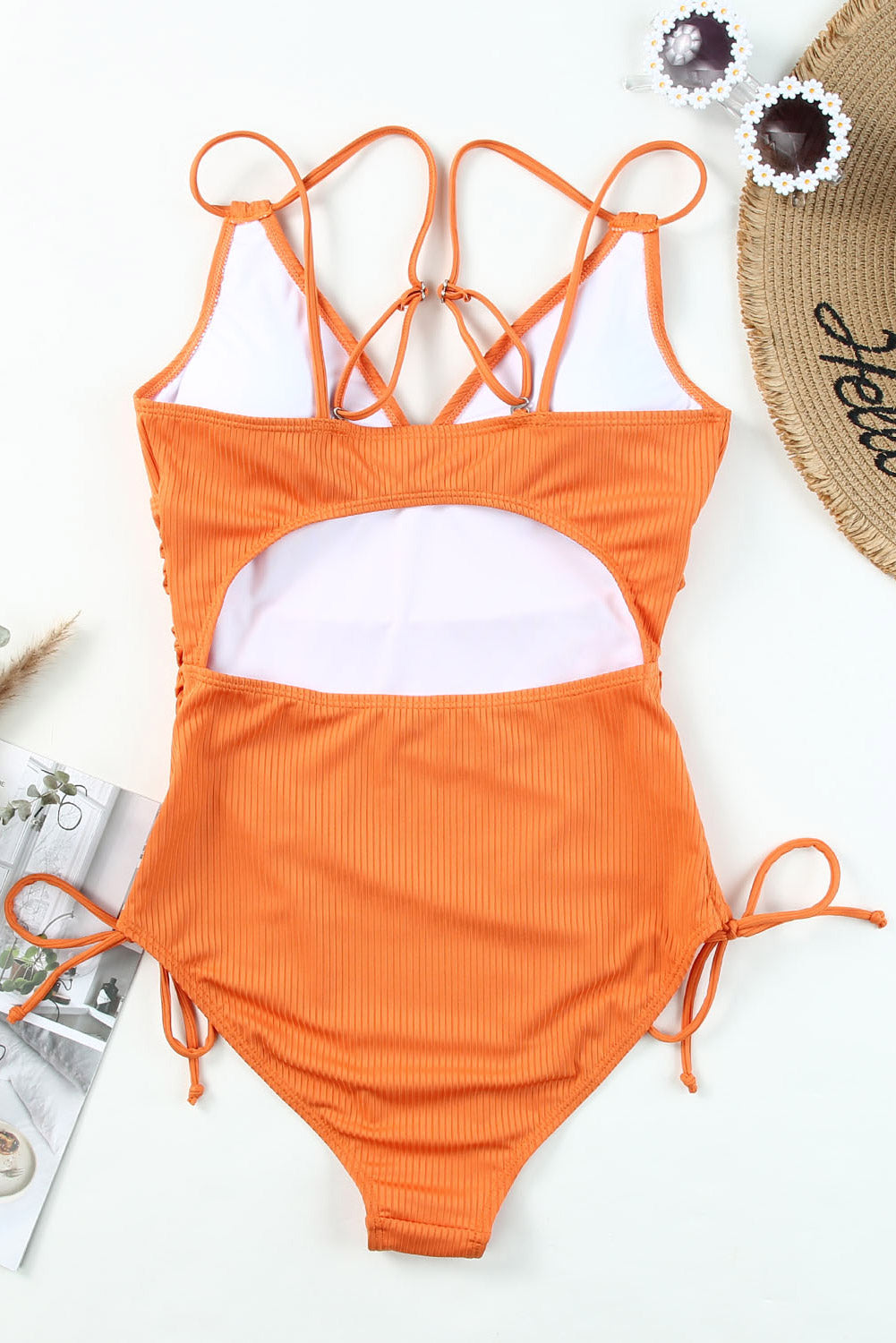 Orange Ribbed Knit One Piece Swimsuit with Adjustable Straps