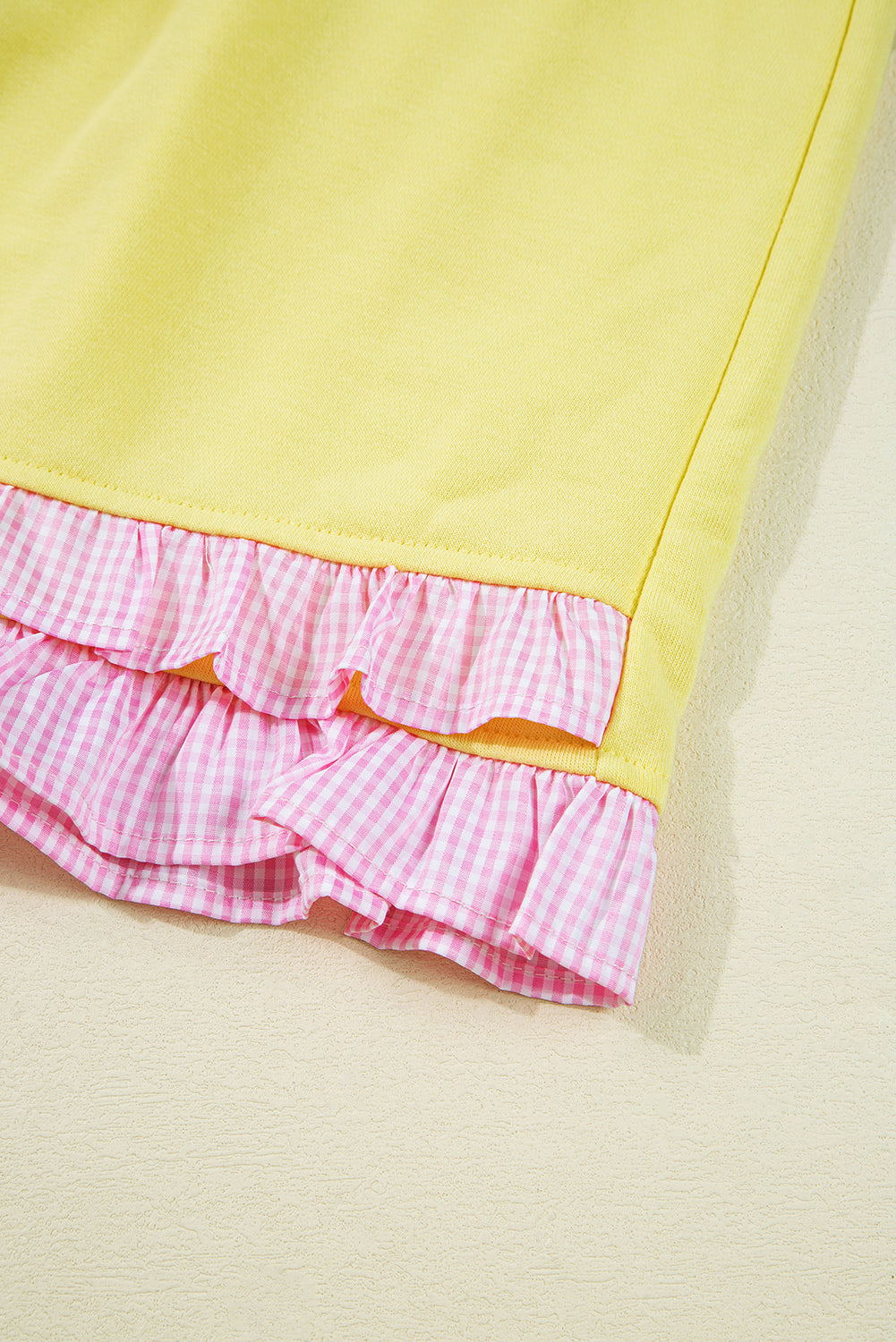 Yellow Contrast Plaid Ruffle Patchwork Pullover Top and Shorts Plus Size Set
