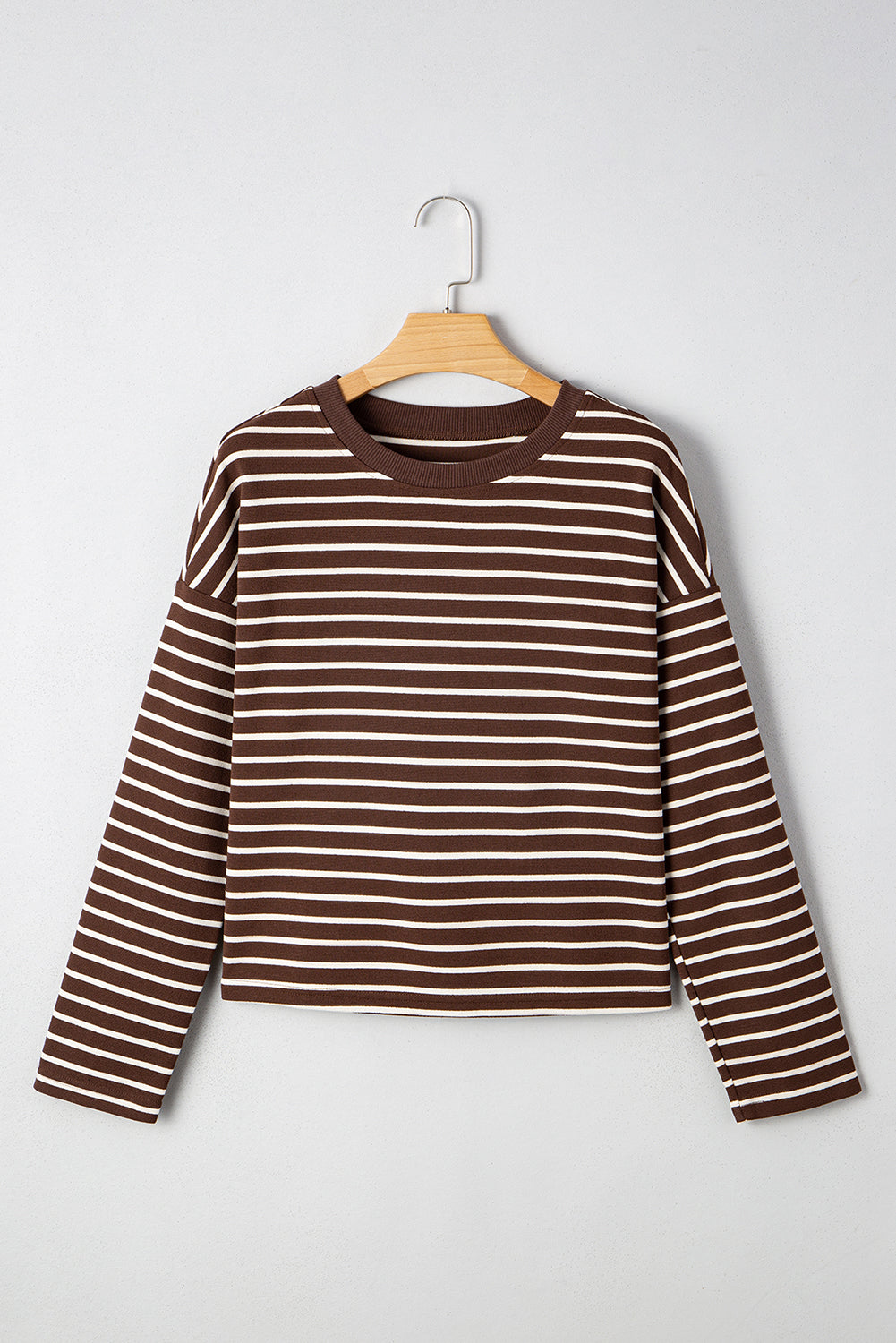 Brown Stripe Ribbed Cropped Crew Neck Long Sleeve T Shirt