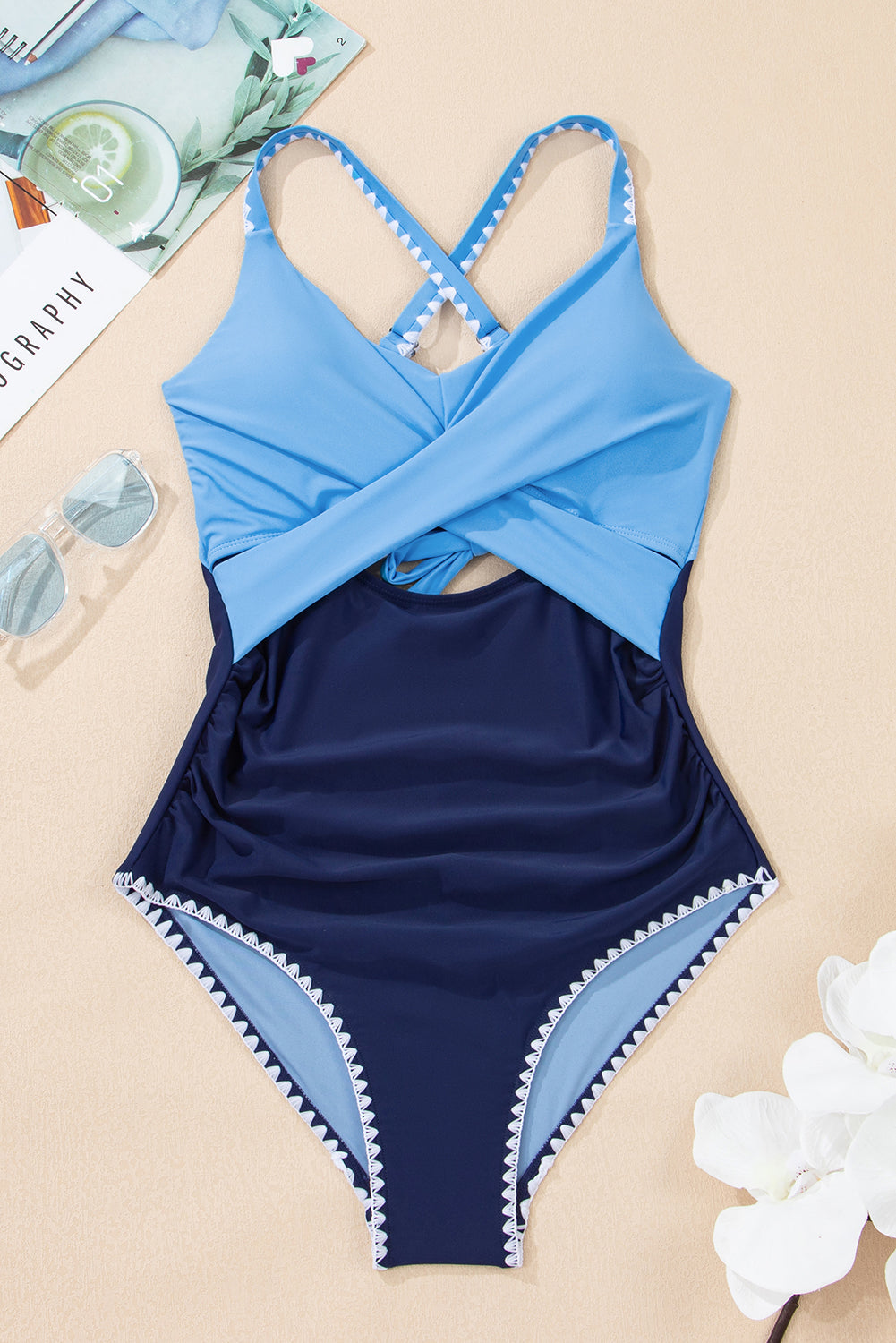 Blue Ric Rac Trim Contrasted Patchwork One Piece Swimsuit