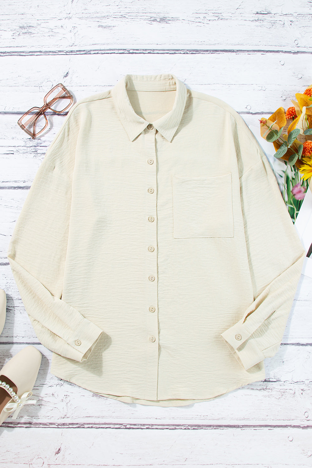 Beige Pure Color Patch Pocket Blouse