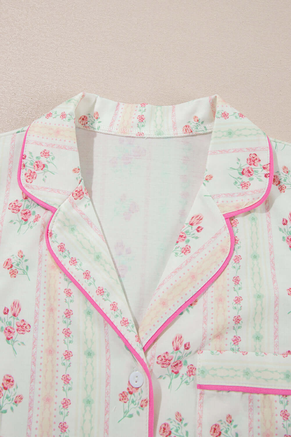 Beige Floral Print Contrast Pipping Short Pajamas Set