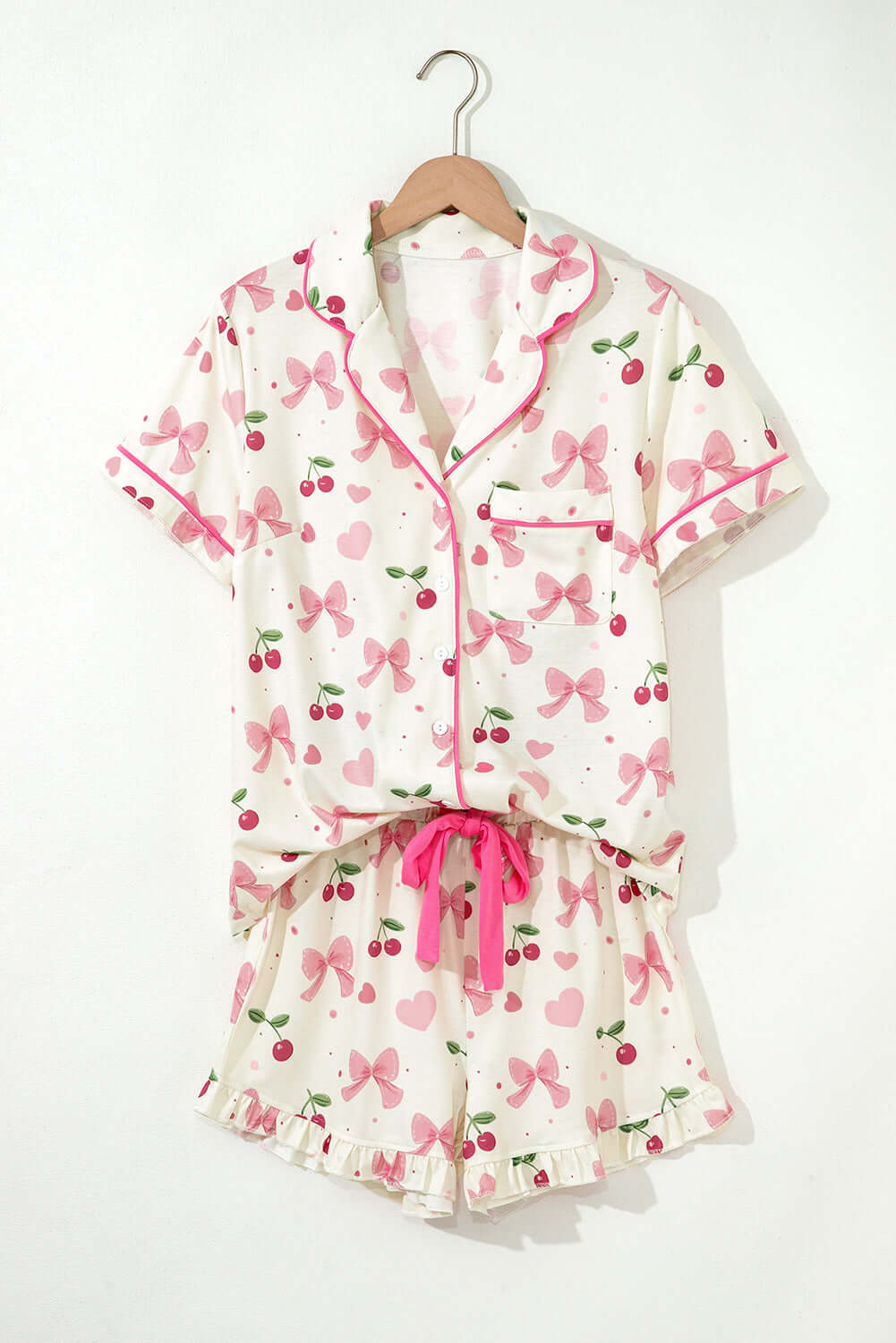 Beige Bow Fruit Print Contrast Pipping Short Pajamas Set