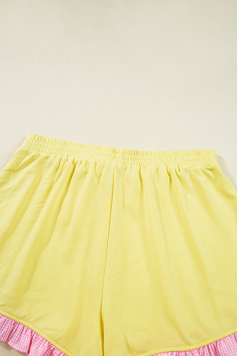 Yellow Contrast Plaid Ruffle Patchwork Pullover Top and Shorts Plus Size Set