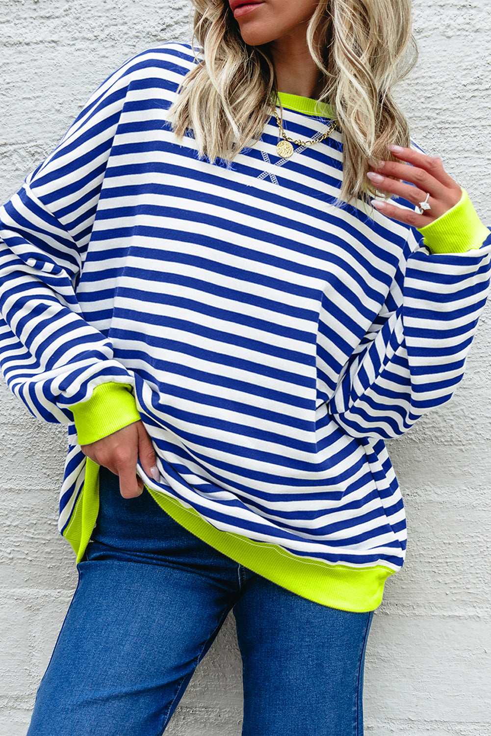 Sky Blue Stripe Striped Contrast Ribbed Trim Crossed Stitch Drop Shoulder Sweatshirt