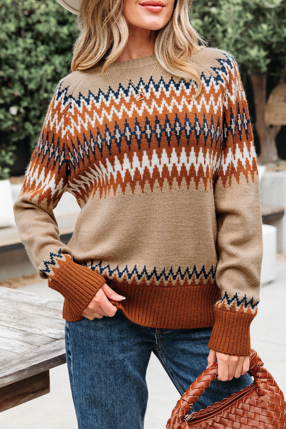 Khaki Aztec Print Colorblock Crew Neck Sweater