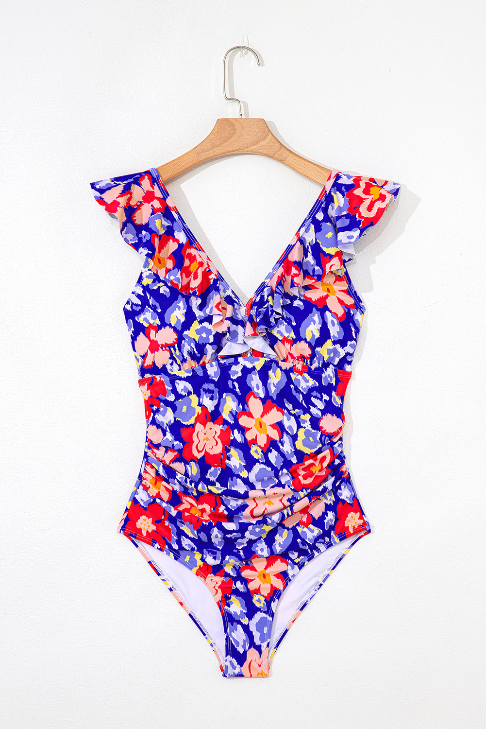 Blue Floral Ruffle Trim Tummy Control One Piece Swimsuit