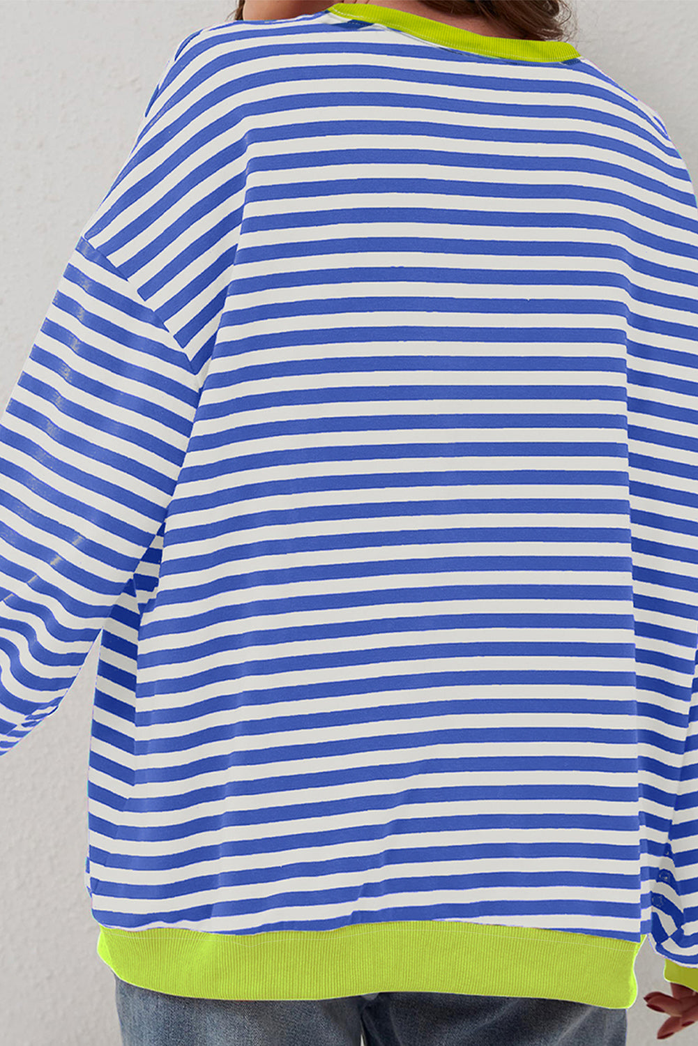 Sky Blue Stripe Striped Contrast Ribbed Trim Crossed Stitch Drop Shoulder Sweatshirt
