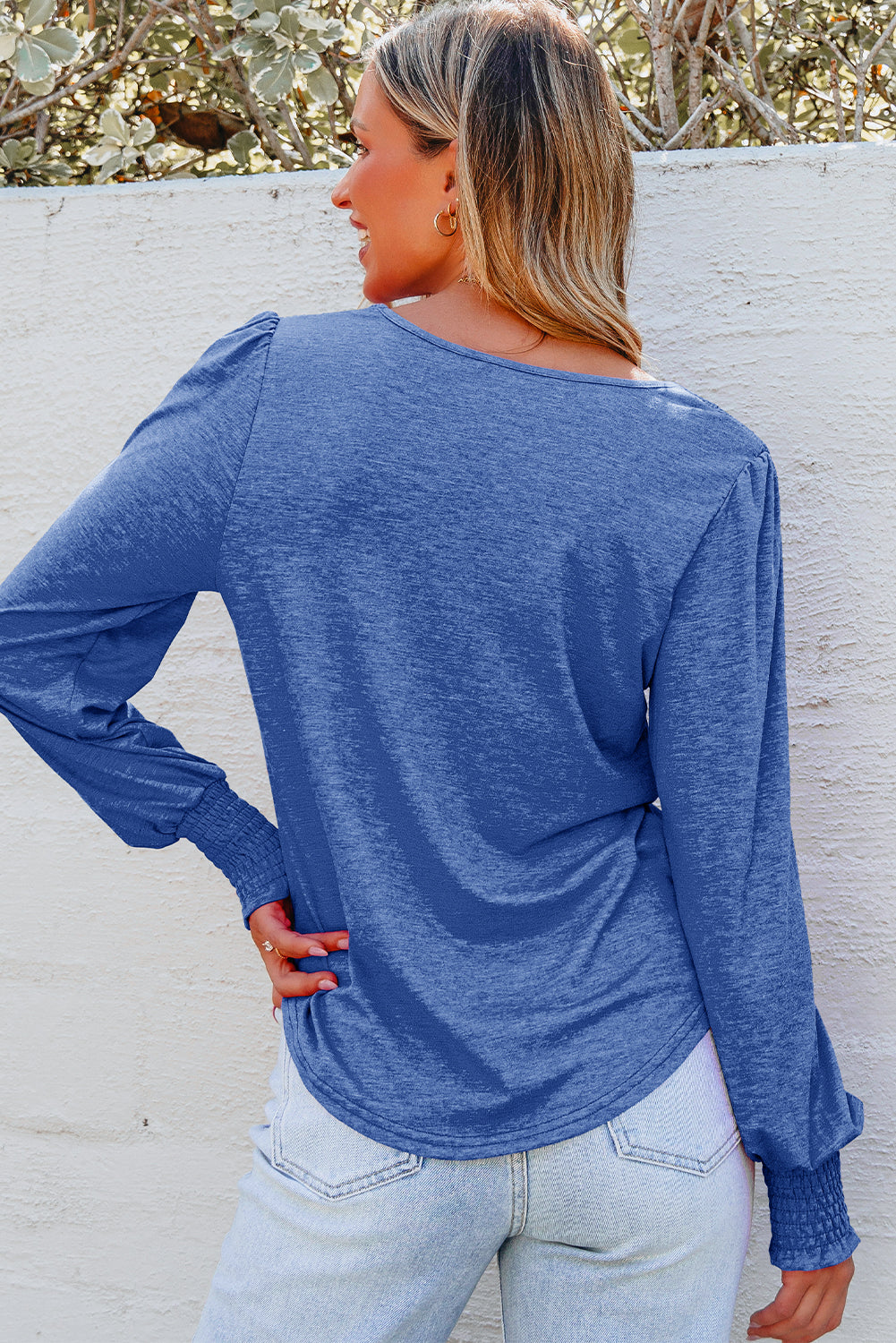 Sky Blue Shirred Shoulder Frilled Cuffs Long Sleeve Top