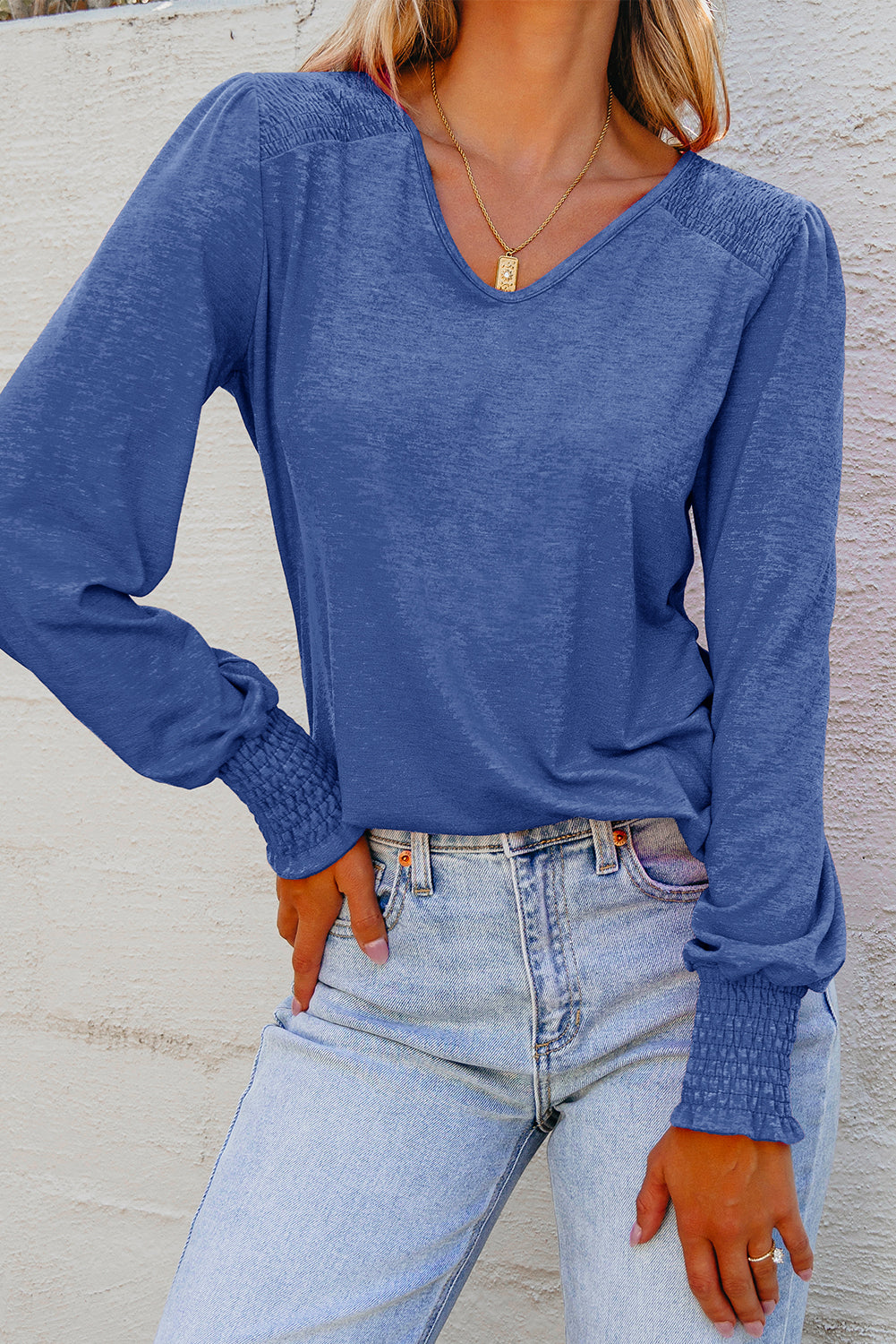 Sky Blue Shirred Shoulder Frilled Cuffs Long Sleeve Top