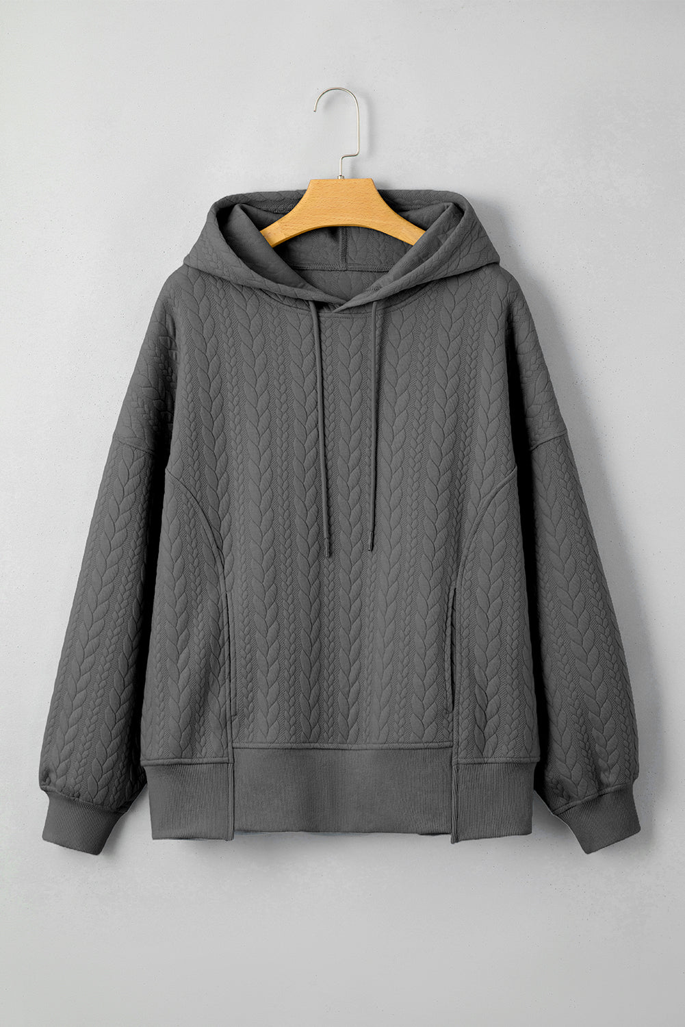 Gray Cable Textured Baggy Solid Hoodie