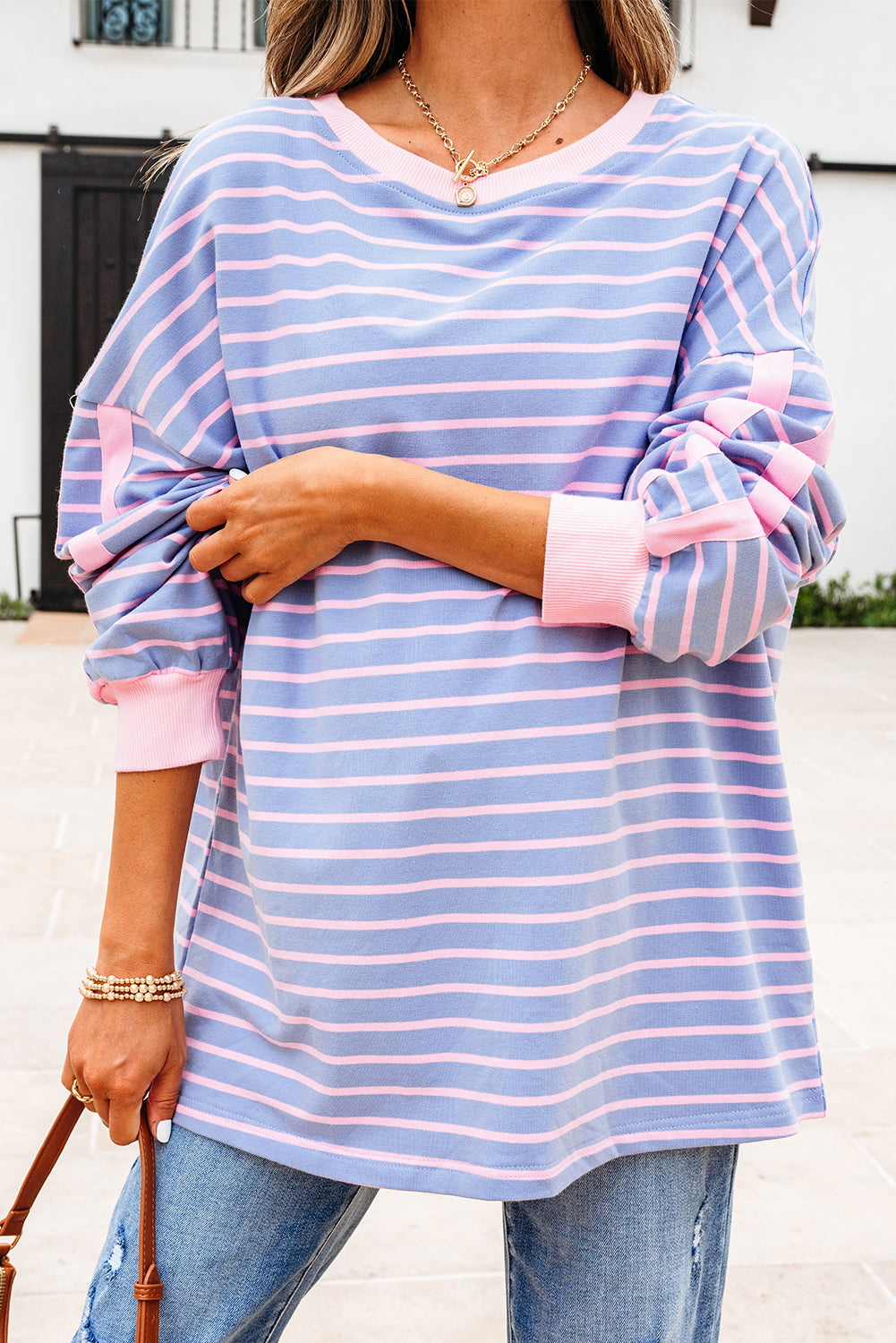 Sky Blue Stripe Oversize Contrast Trim Drop Shoulder Casual Top
