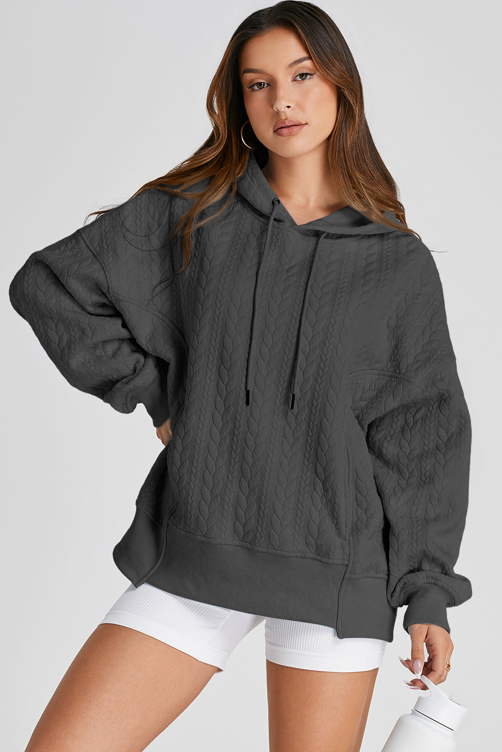 Gray Cable Textured Baggy Solid Hoodie