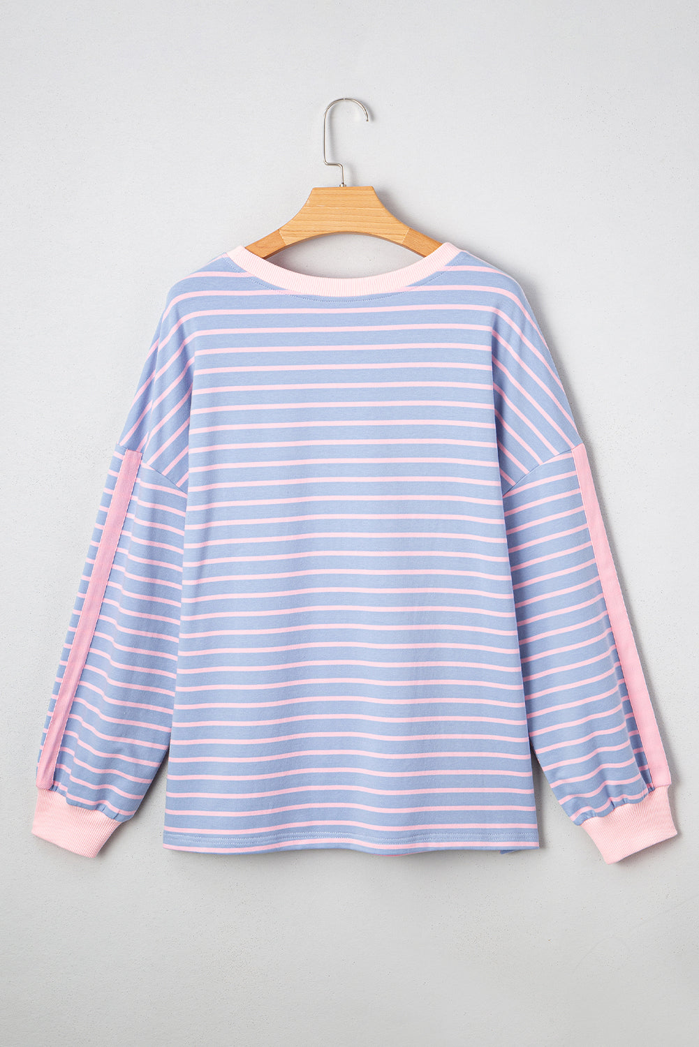 Sky Blue Stripe Oversize Contrast Trim Drop Shoulder Casual Top