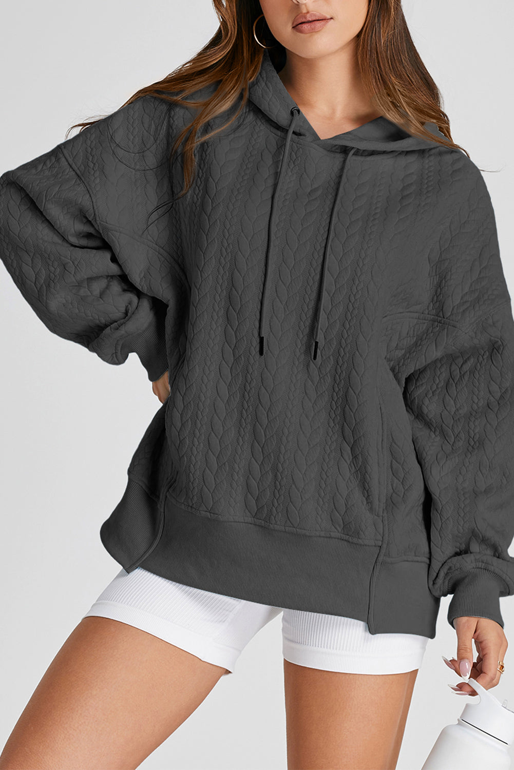 Gray Cable Textured Baggy Solid Hoodie
