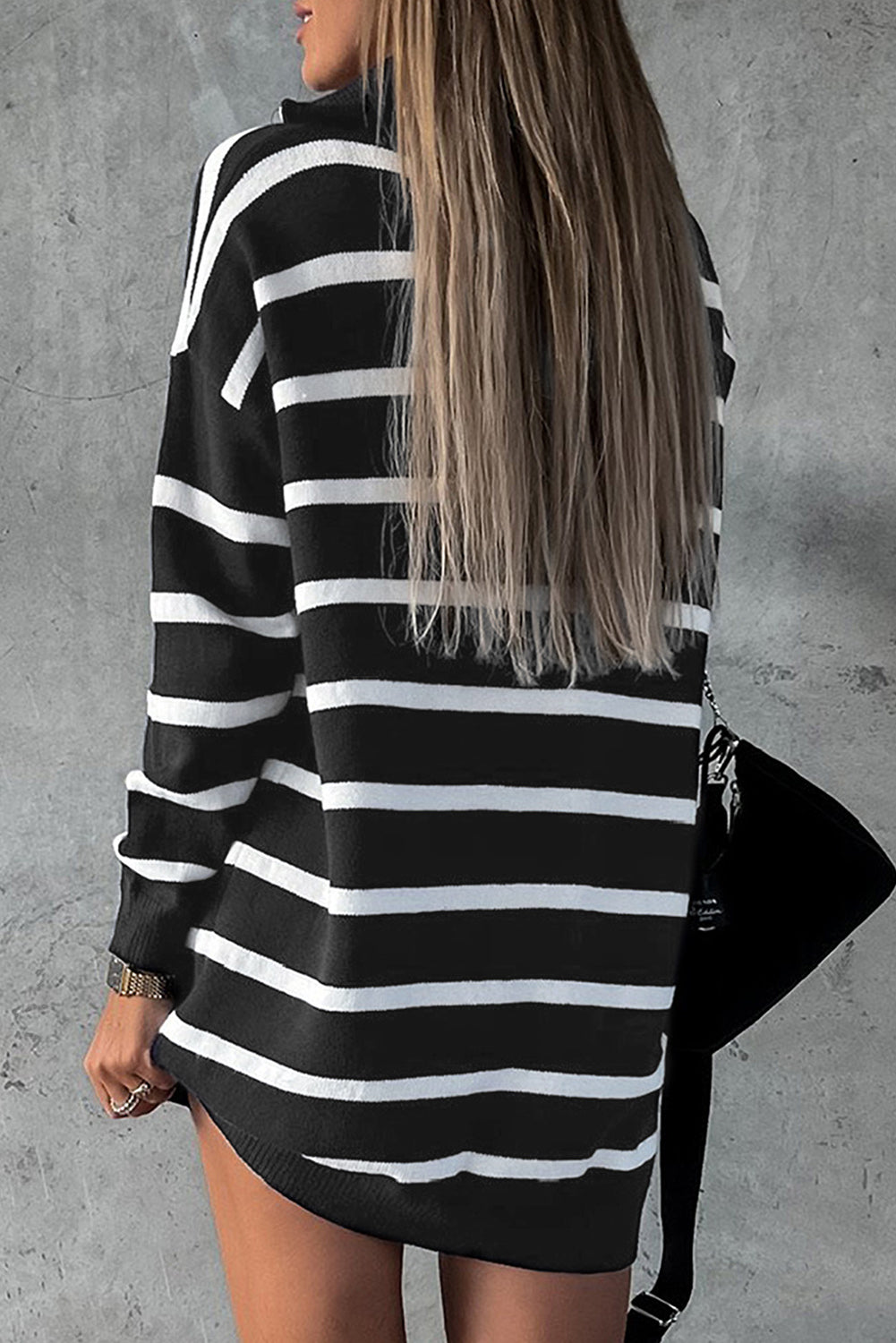 Black Striped/Solid O-ring Zip Collared Loose Sweater Mini Dress
