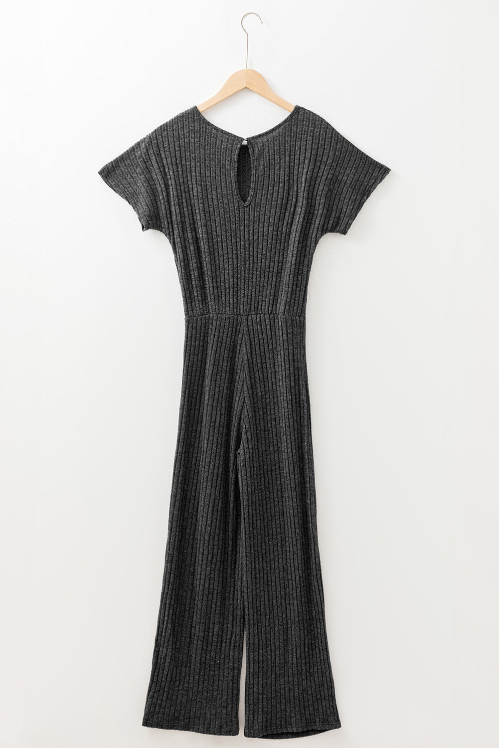 Dark Grey Ribbed Keyhole Short Sleeve Wide Leg Jumpsuit
