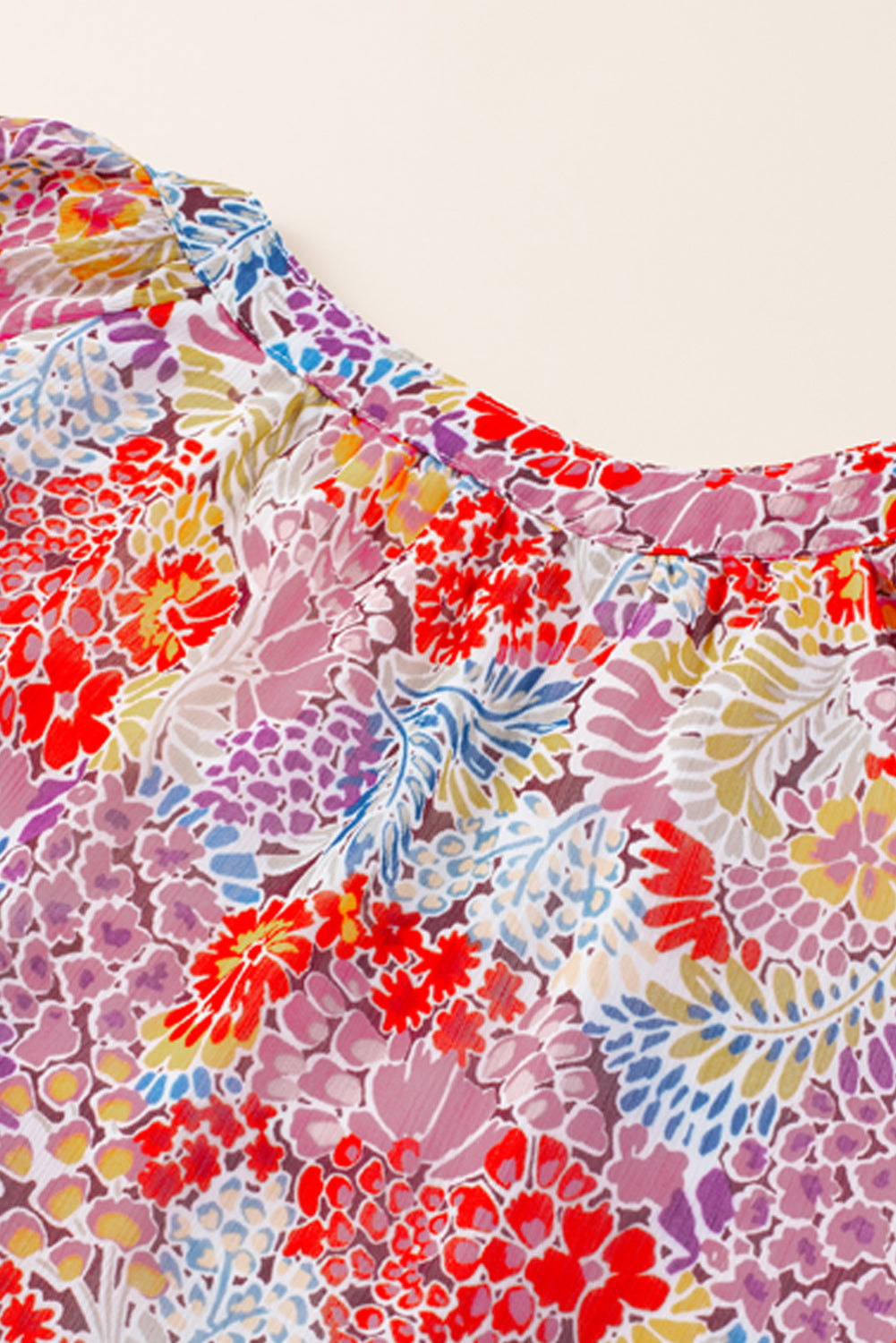 Fiery Red White Floral Print V Neck Long Puff Sleeve Top