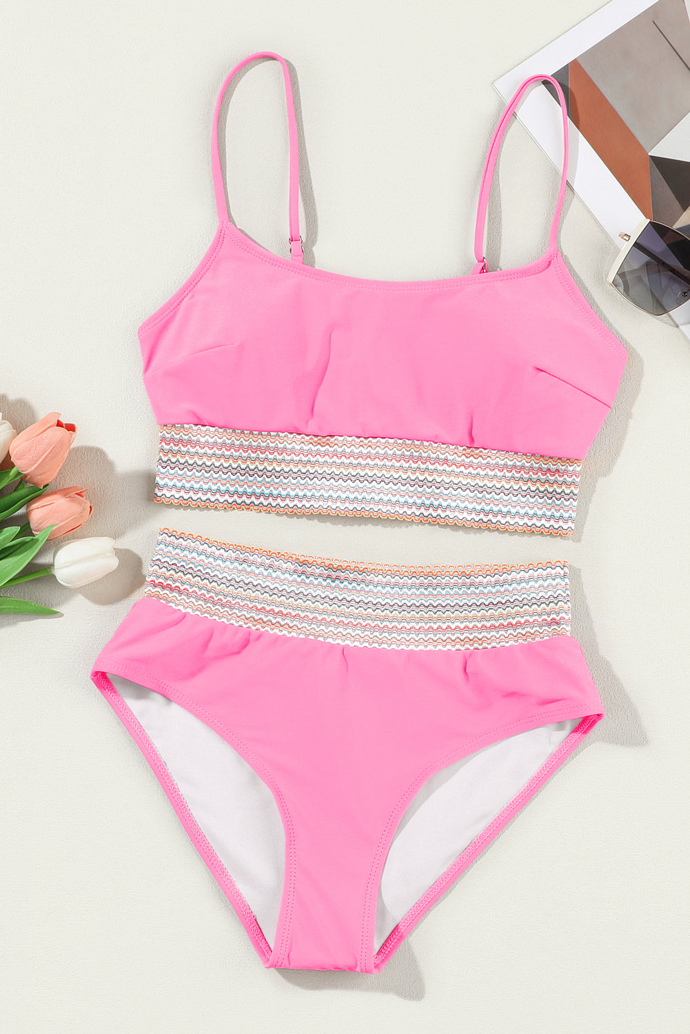 Bonbon Striped Patchwork Spaghetti Strap High Waist Bikini Swimsuit