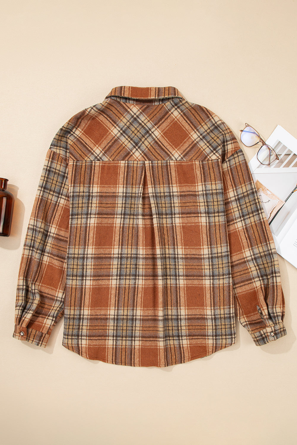 Brown Plaid Print Flap Pocket Buttoned Plus Size Shacket