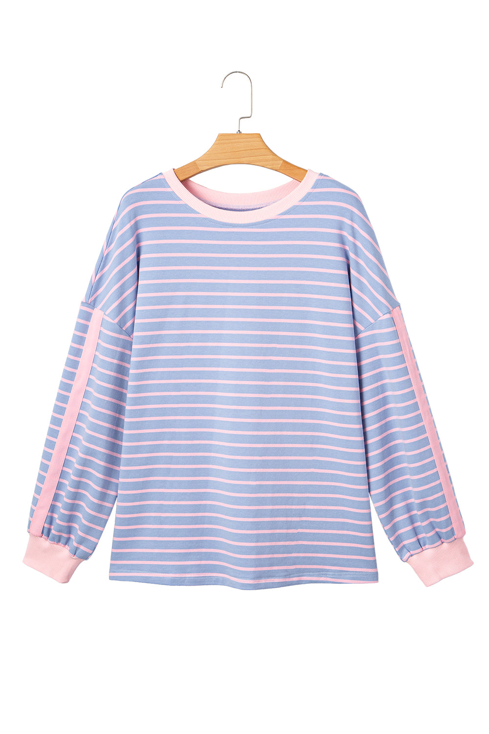 Sky Blue Stripe Oversize Contrast Trim Drop Shoulder Casual Top