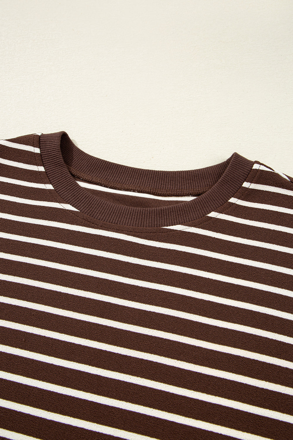 Brown Stripe Ribbed Cropped Crew Neck Long Sleeve T Shirt