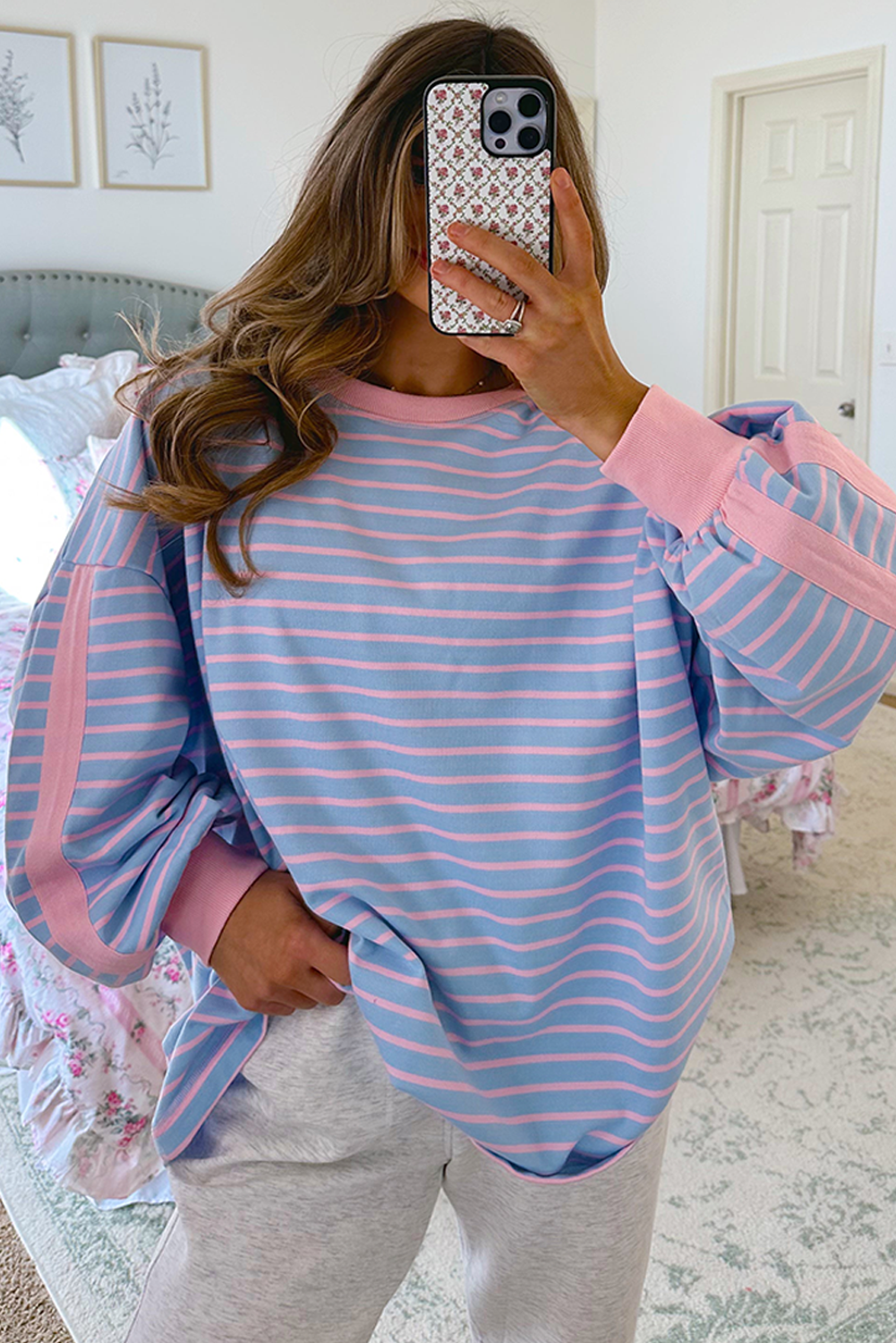 Sky Blue Stripe Oversize Contrast Trim Drop Shoulder Casual Top