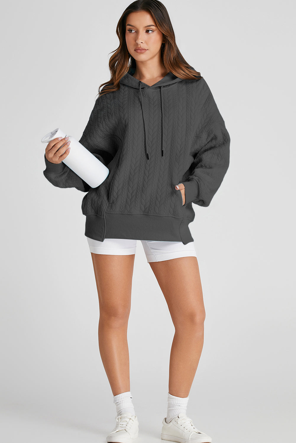 Gray Cable Textured Baggy Solid Hoodie