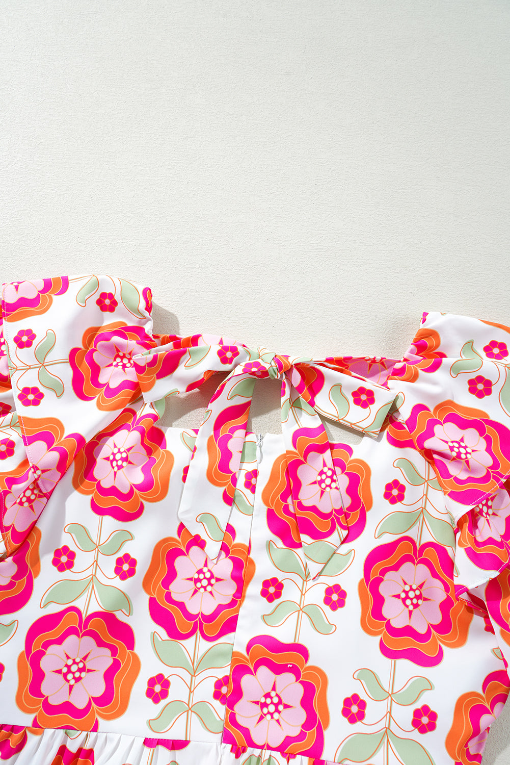 Rose Floral Print Square Neck Lace up Back Ruffled Sleeve Dress