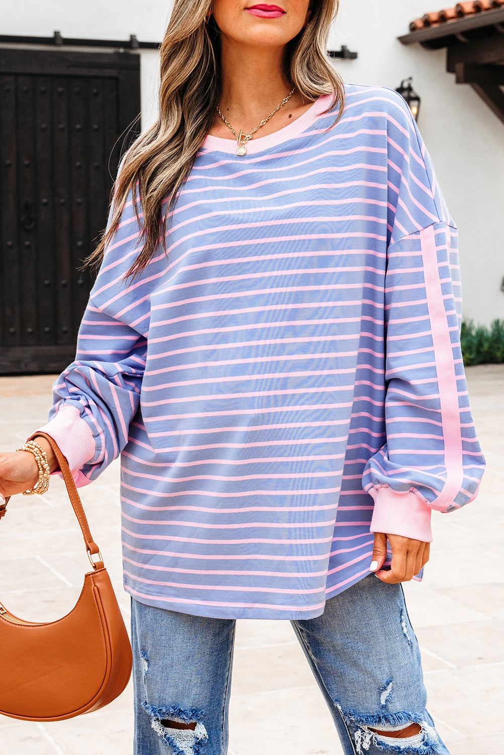 Sky Blue Stripe Oversize Contrast Trim Drop Shoulder Casual Top