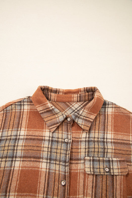 Brown Plaid Print Flap Pocket Buttoned Plus Size Shacket